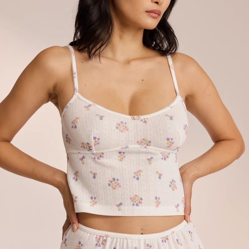 Pointelle Cami Pyjama Top - White Floral