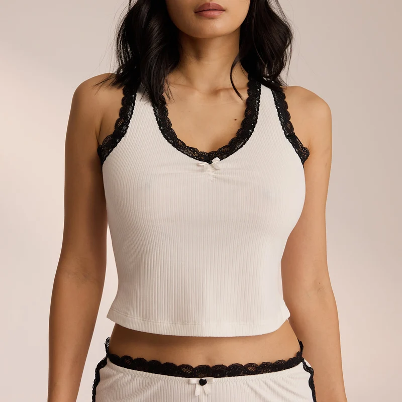 Lace Vest Pyjama Top - White