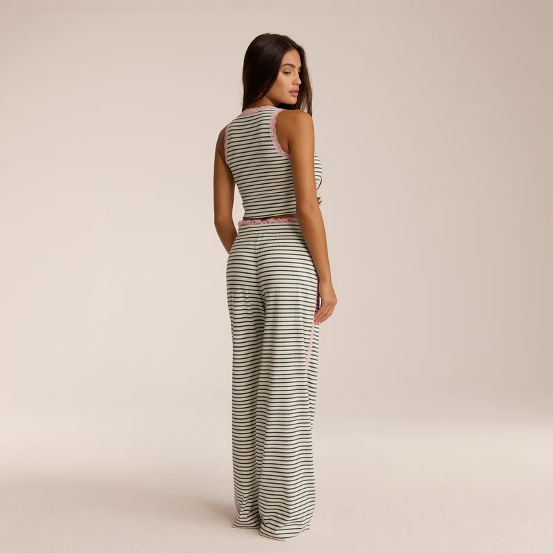 Lace Vest Pyjama Top - Green Stripe