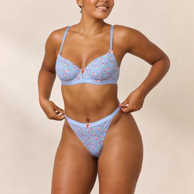 Rosebud Ribbed Balcony Bra - Blue Floral