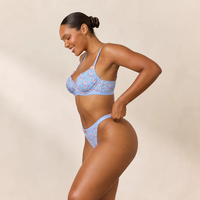 Rosebud Ribbed Balcony Bra - Blue Floral