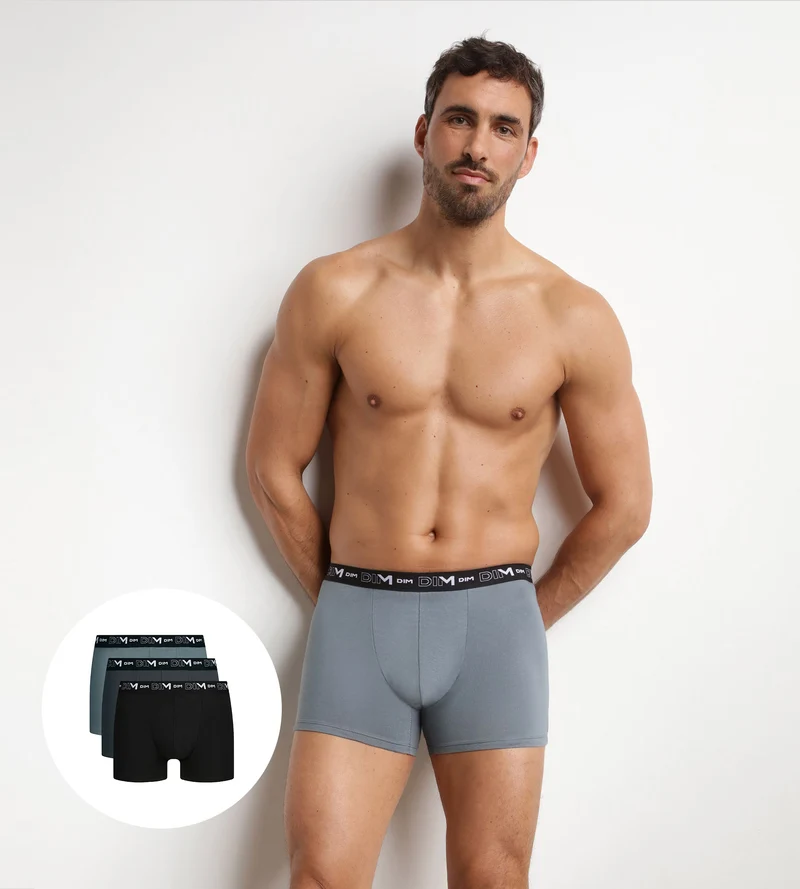 3er-Pack Herren-Boxershorts Schwarz Grau Kontrastbund Dim Coton Stretch