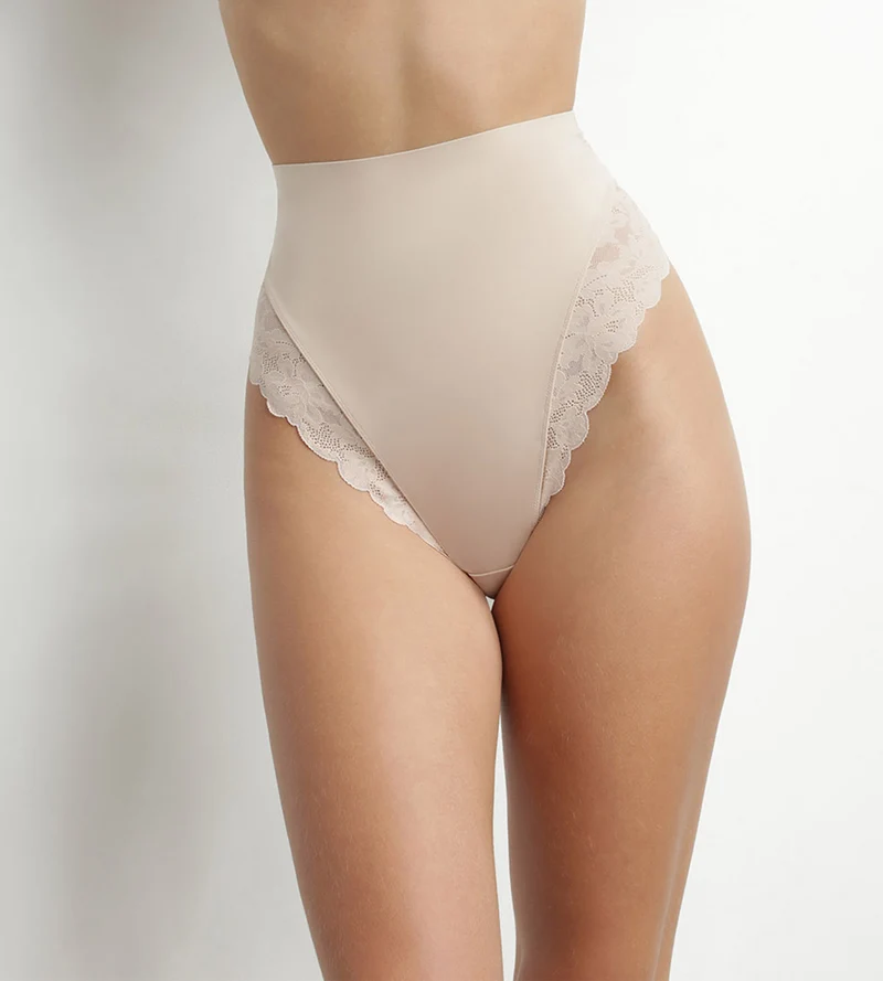 Hautfarbener Mikrofaser- und Spitze-Shaping-String mit hohem Bund – DIM Silhouette Elegance