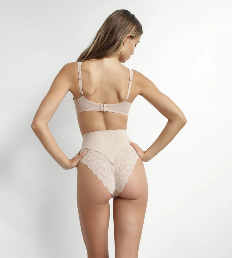 Hautfarbener Mikrofaser- und Spitze-Shaping-String mit hohem Bund – DIM Silhouette Elegance