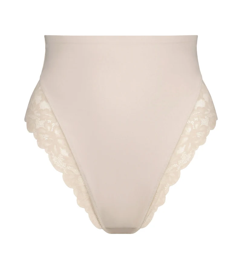 Hautfarbener Mikrofaser- und Spitze-Shaping-String mit hohem Bund – DIM Silhouette Elegance