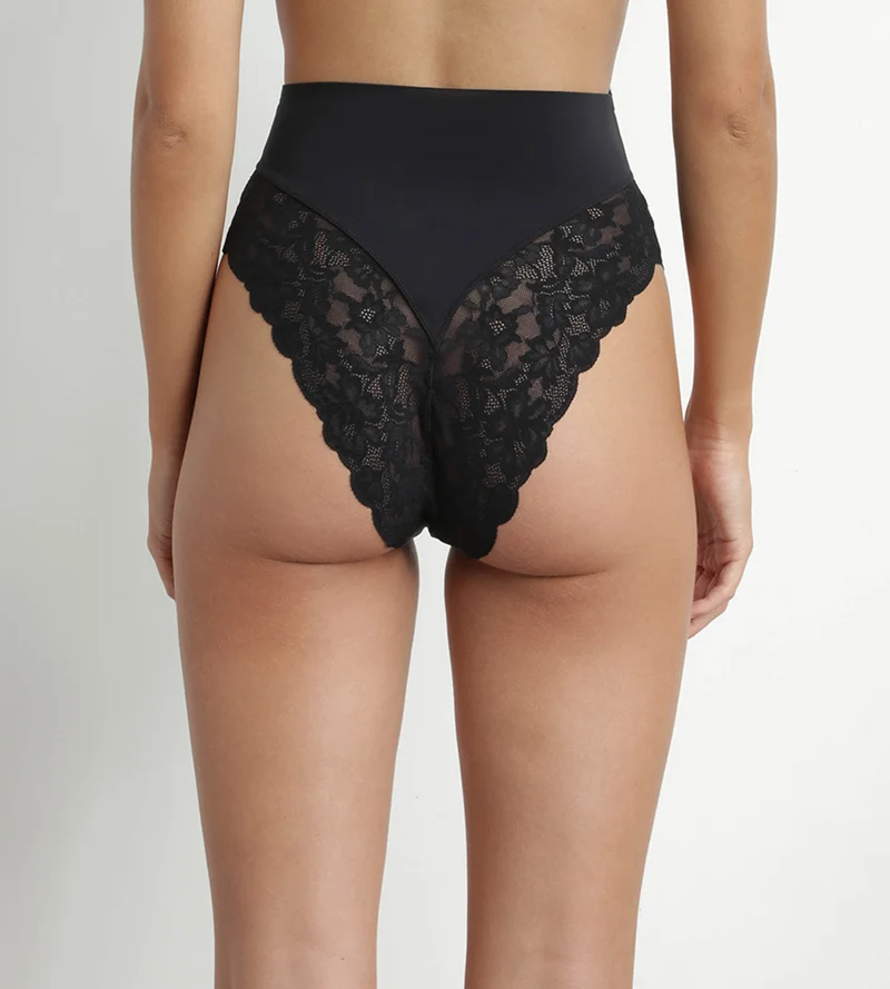 Schwarzer Mikrofaser- und Spitze-Shaping-String mit hohem Bund – DIM Silhouette Elegance