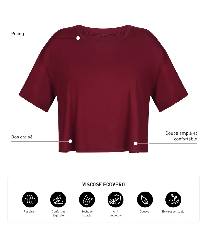 Sport-T-Shirt für Damen aus burgunderfarbener Viskose mit offenem Rücken Dim Move
