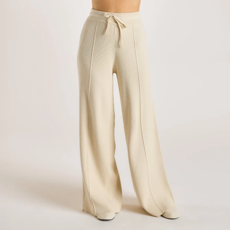 Wide Leg Knitted Trousers - Cream