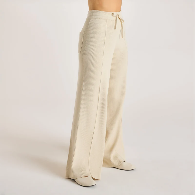 Wide Leg Knitted Trousers - Cream