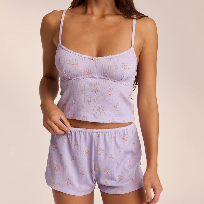 Pointelle Cami Pyjama Top - Lilac Floral