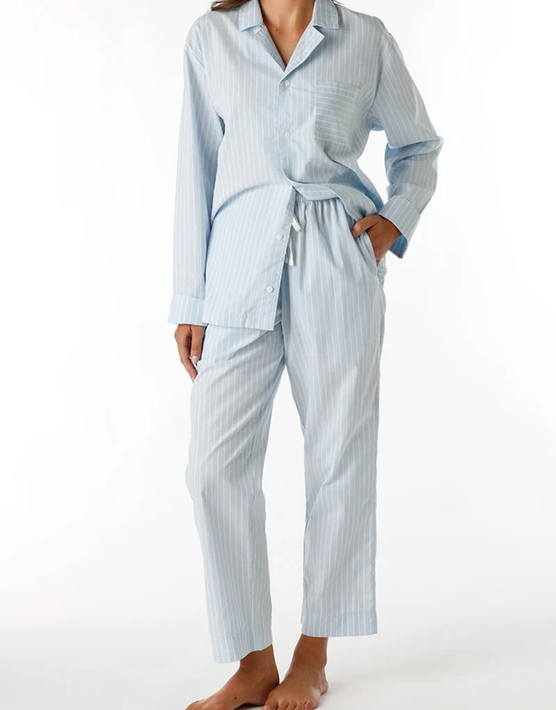 Unisex Blau Gestreiftes Langarm-Pyjama aus Baumwollcanvas