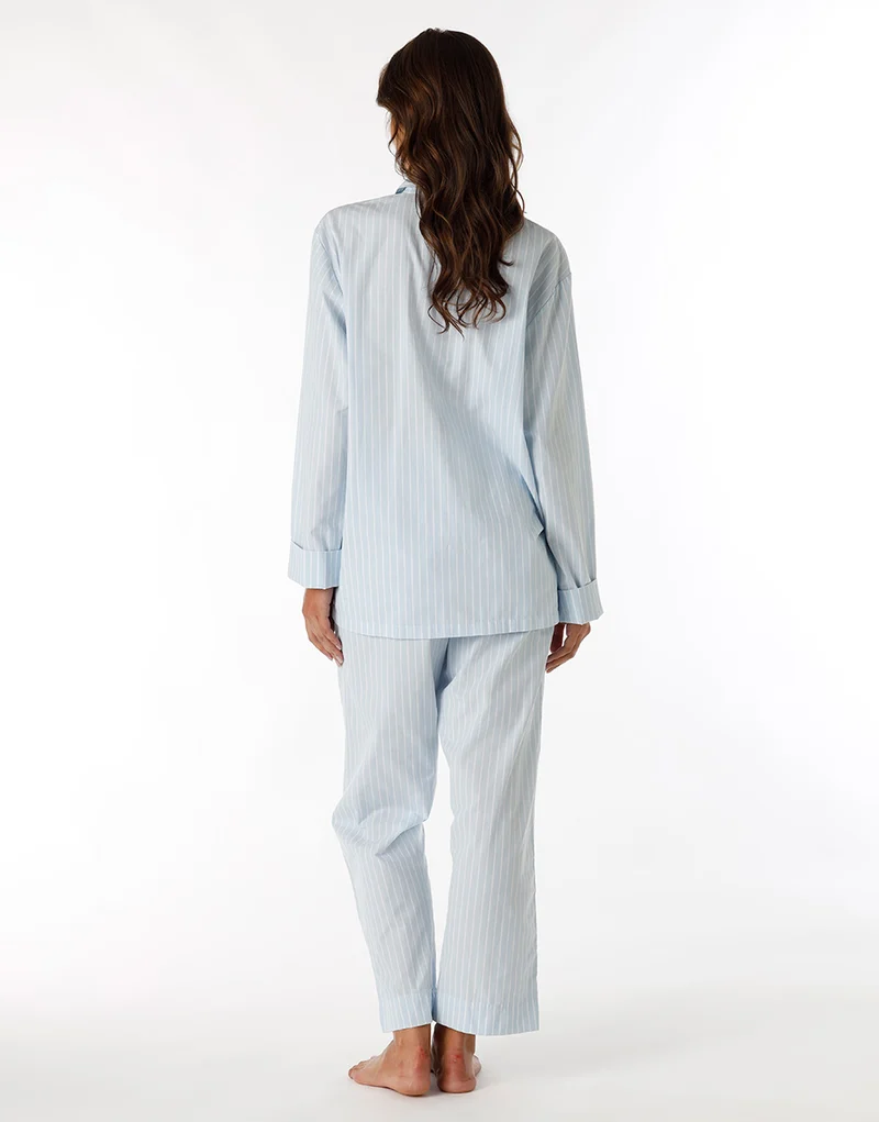 Unisex Blau Gestreiftes Langarm-Pyjama aus Baumwollcanvas