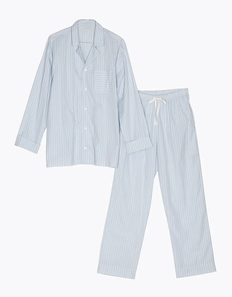 Unisex Blau Gestreiftes Langarm-Pyjama aus Baumwollcanvas