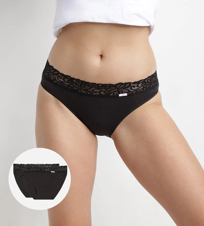 2er-Pack schwarze Midi-Slips aus Stretch-Baumwolle mit Spitze - Cotton Plus