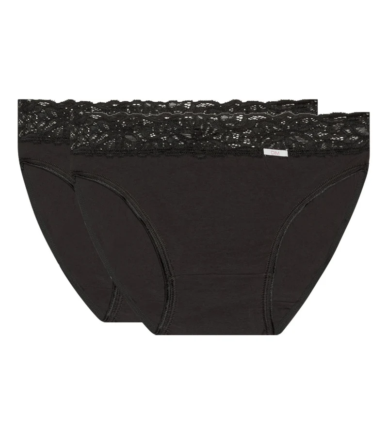 2er-Pack schwarze Midi-Slips aus Stretch-Baumwolle mit Spitze - Cotton Plus