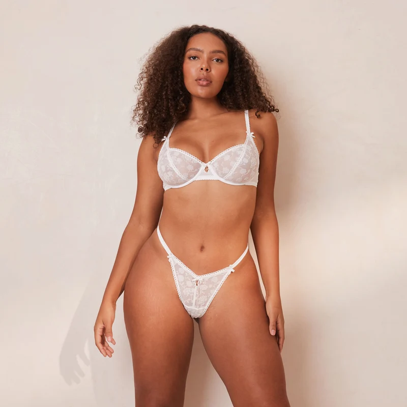 Flocked Floral Balcony Bra - White