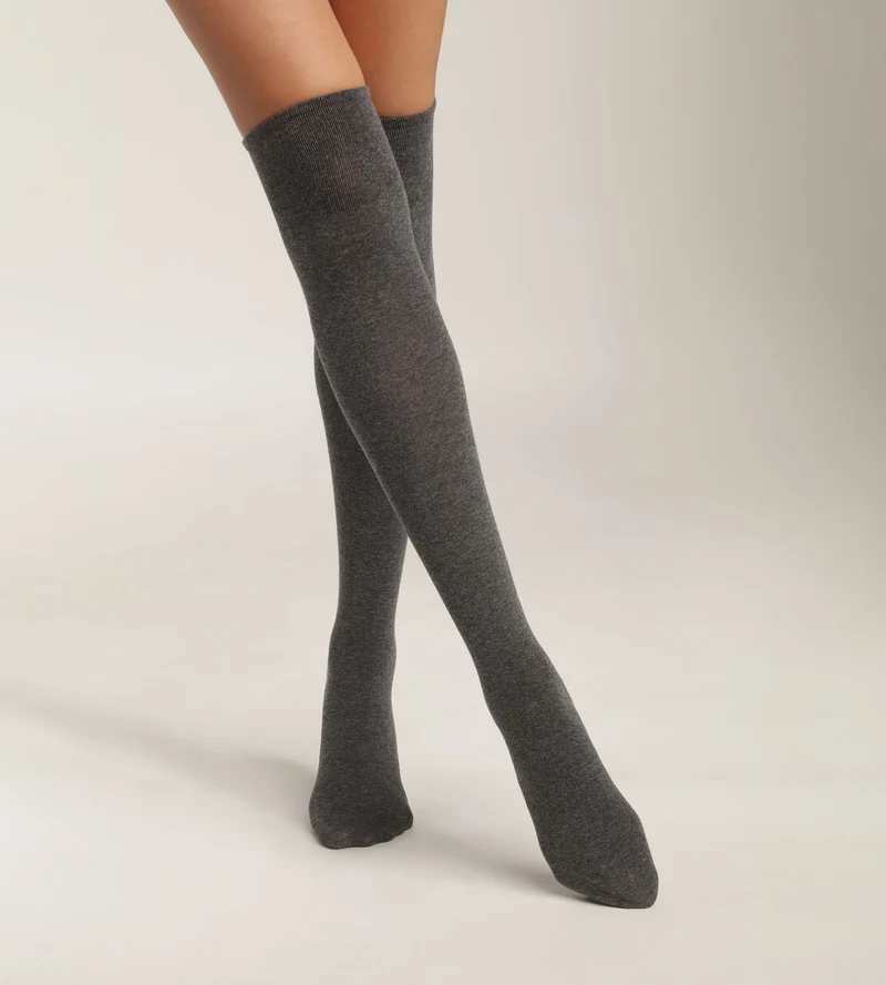 Anthrazit melierte hohe Maxi-Damensocken aus Baumwolle - La Mode