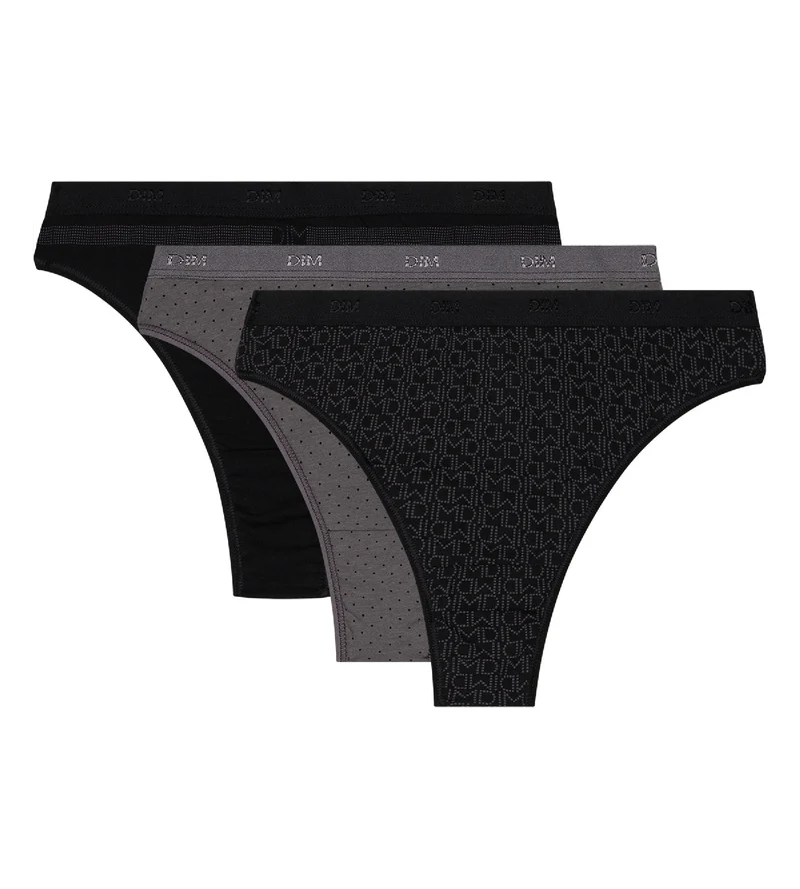 3er-Pack Strings aus Stretch-Baumwolle schwarz/grau - Pockets