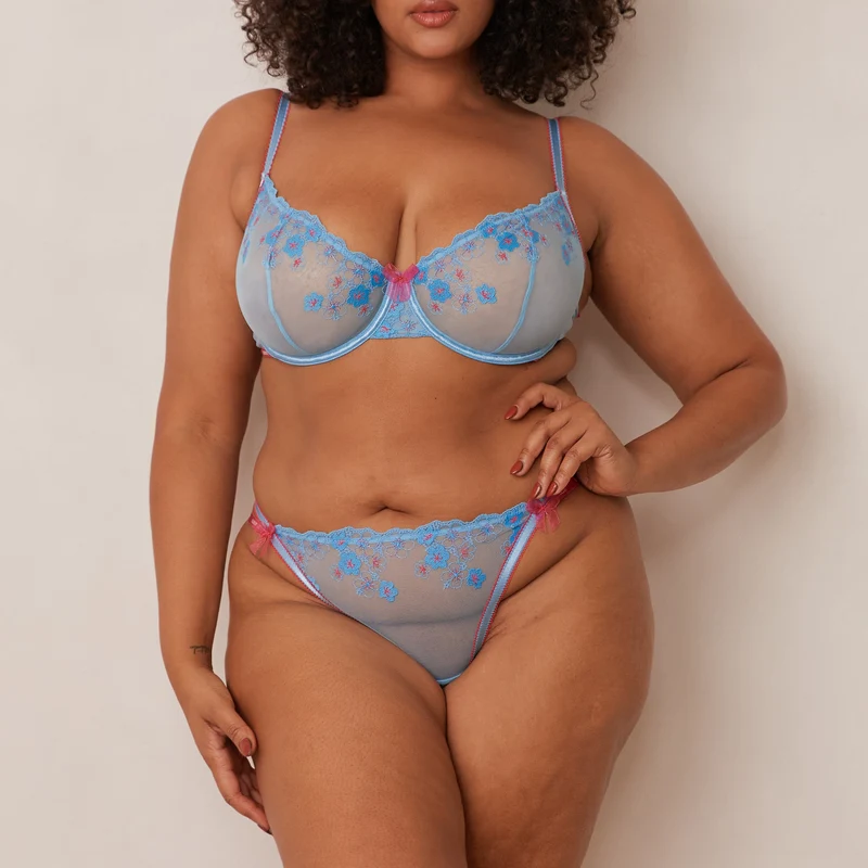Floral Embroidered Balcony Bra - Blue
