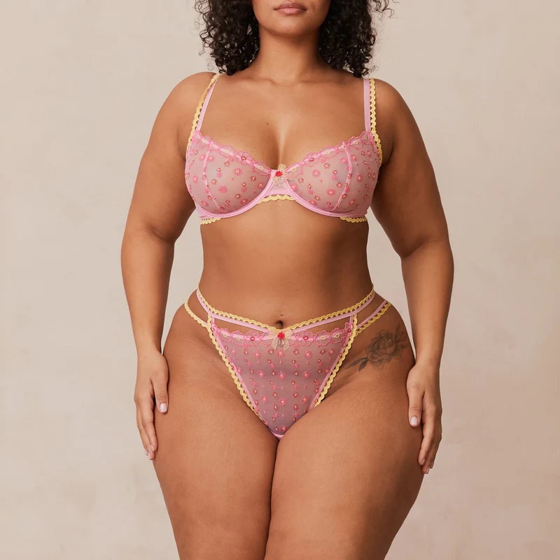 Daisy Embroidered Balcony Bra - Pink