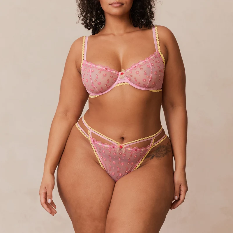 Daisy Embroidered Balcony Bra - Pink
