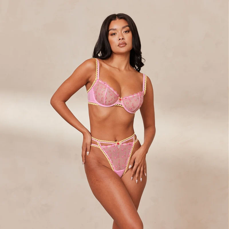 Daisy Embroidered Balcony Bra - Pink