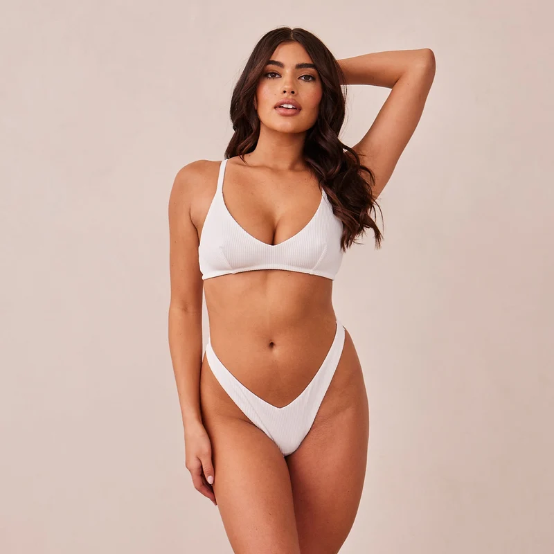 Ribbed Triangle Bra - White