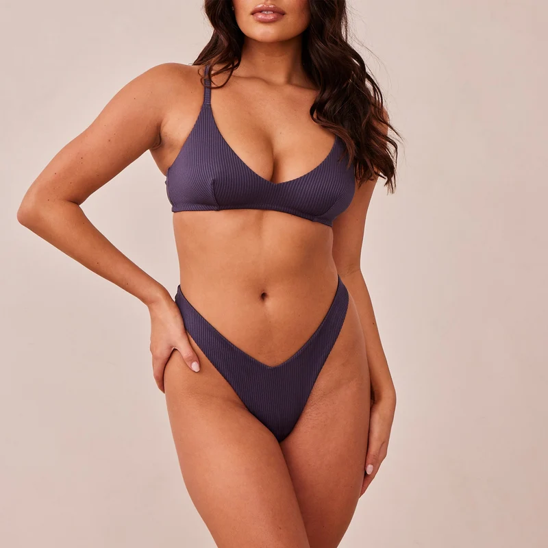 Ribbed Triangle Bra - Charcoal Blue