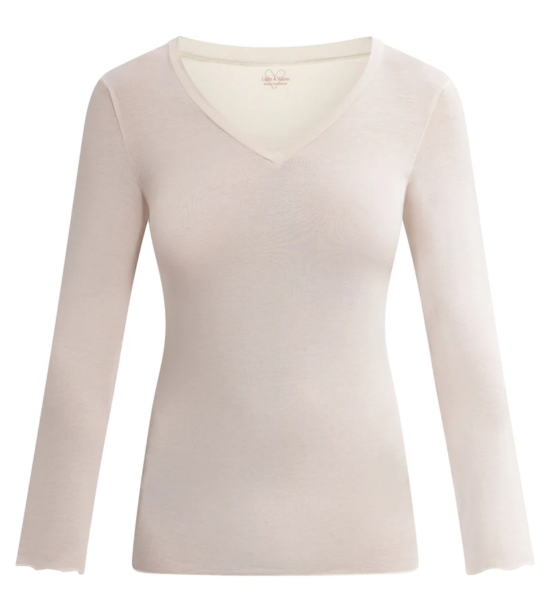 Damen-T-Shirt mit V-Ausschnitt aus Modal und Kaschmir Beige Light & Warm