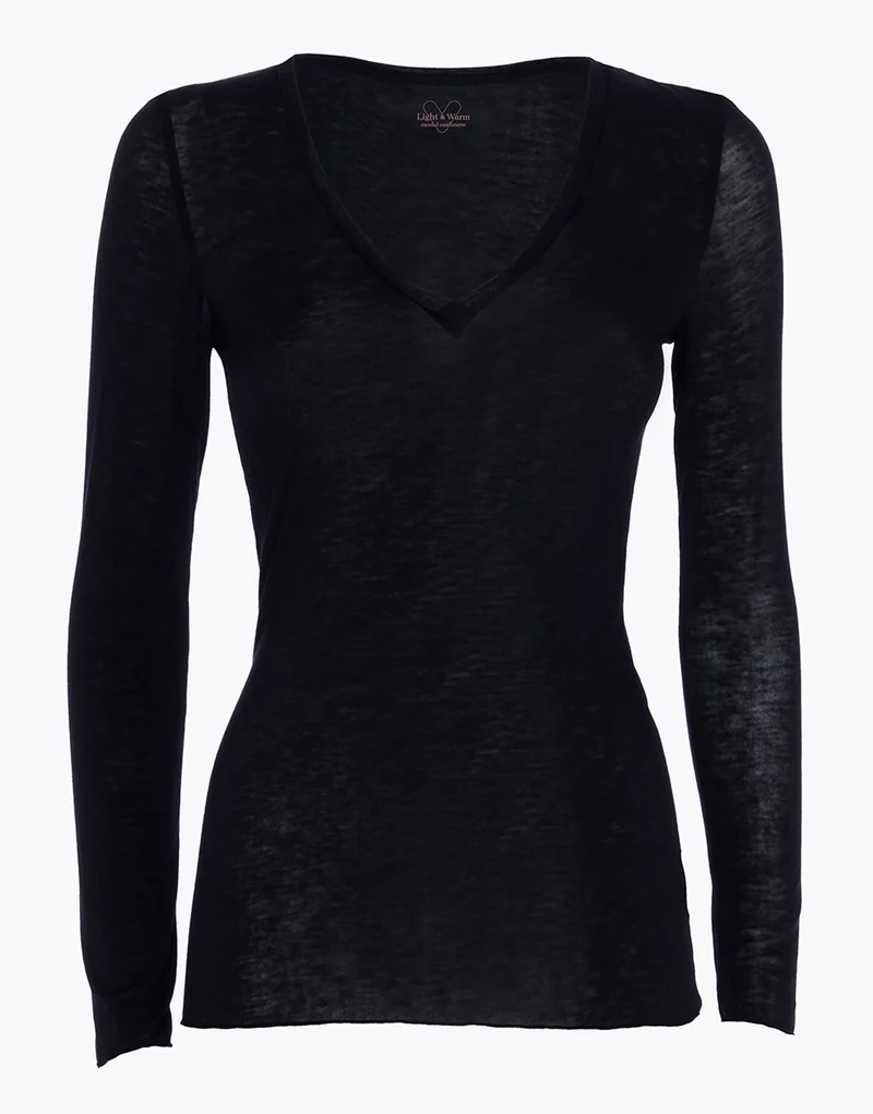 Damen-T-Shirt mit V-Ausschnitt aus Modal und Kaschmir Schwarz Light & Warm