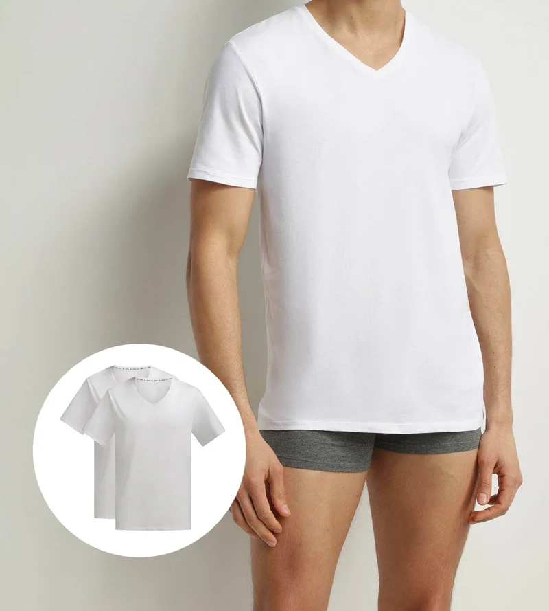 2er-Pack T-Shirts für Herren, weiß, aus Bio-Baumwolle, V-Ausschnitt, Dim Good
