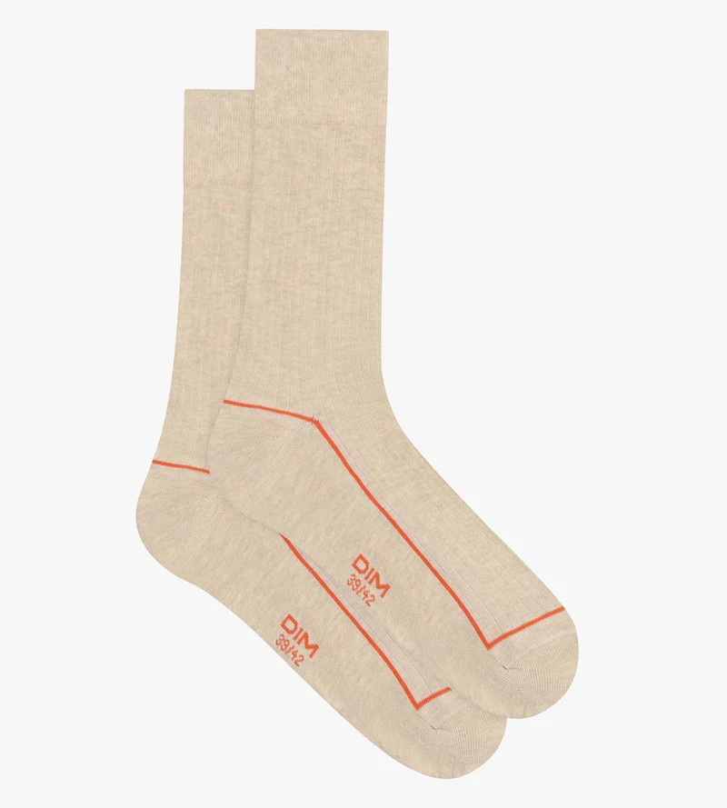 Beige Herrensocken aus gerippter Baumwolle mit farbigem Rand - Dim Mode