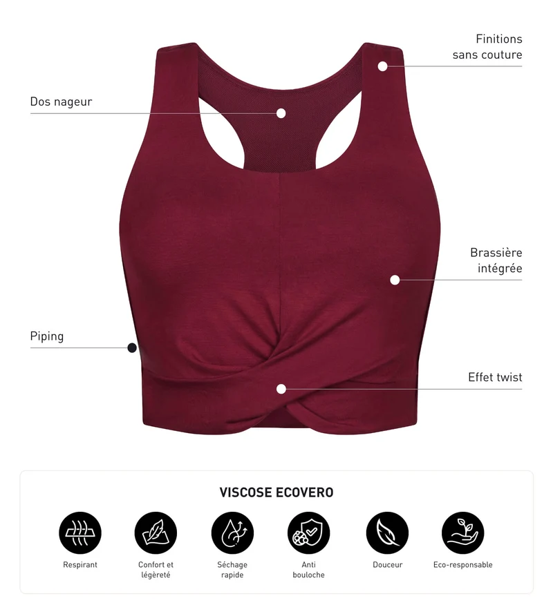 Sport-Tanktop für Damen in Burgunderrot mit integriertem BH Dim Move