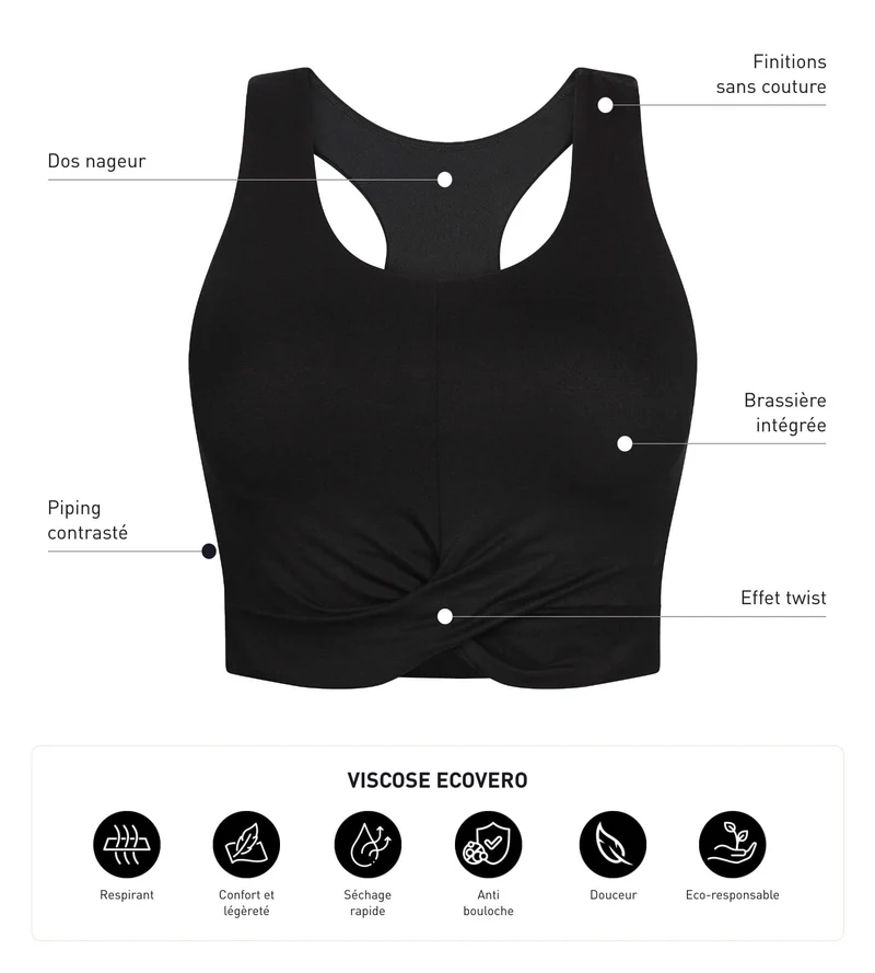 Sport-Tanktop für Damen aus schwarzer Viskose mit BH Dim Move