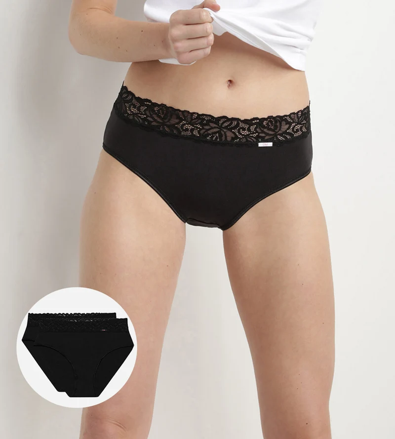 2er-Pack schwarze Slips aus Stretch-Baumwolle mit hohem Bund und Spitze - Cotton Plus