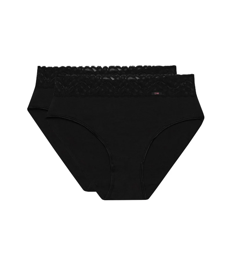 2er-Pack schwarze Slips aus Stretch-Baumwolle mit hohem Bund und Spitze - Cotton Plus