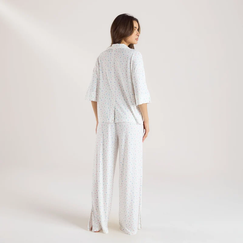 Modal Pyjama-Shirt mit kurzen Ärmeln - Florales Weiß