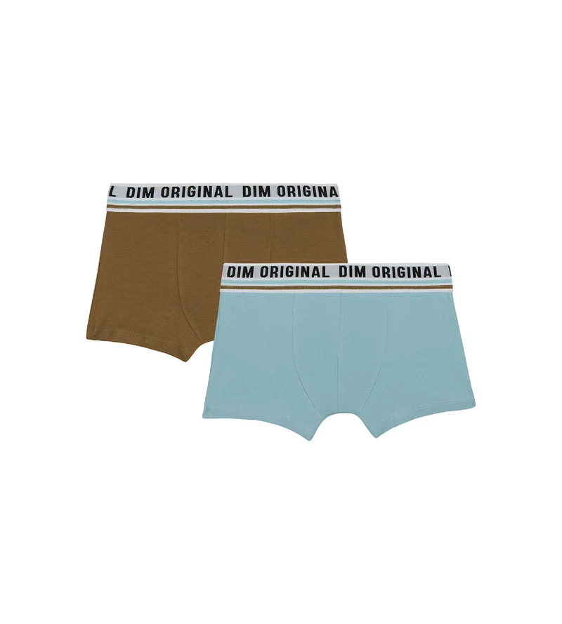 2er-Pack pastellblaue/hellbraune Jungen-Boxershorts aus Stretch-Baumwolle - DIM Originals