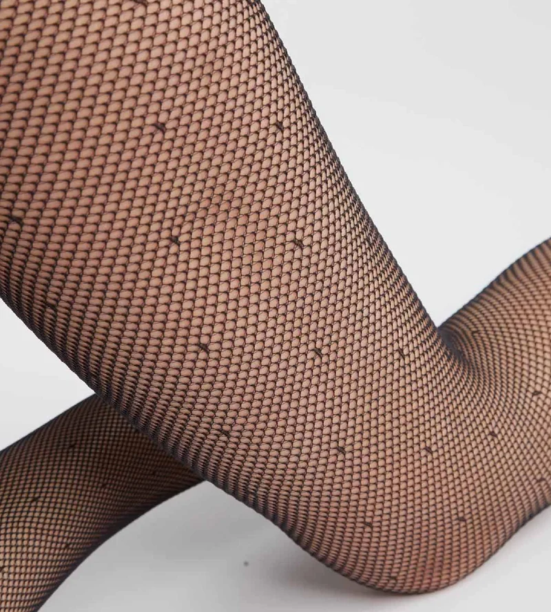 Schwarze Netzstrumpfhose mit hohem Beinausschnitt und Pünktchen - DIM Style