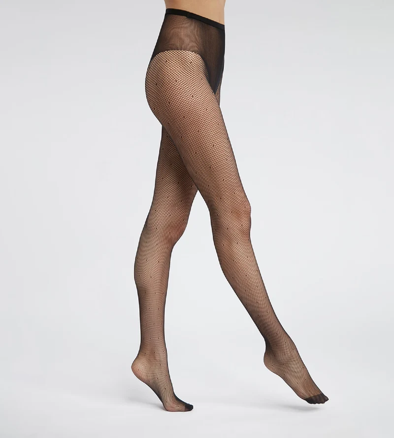 Schwarze Netzstrumpfhose mit hohem Beinausschnitt und Pünktchen - DIM Style