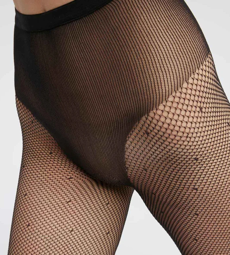 Schwarze Netzstrumpfhose mit hohem Beinausschnitt und Pünktchen - DIM Style