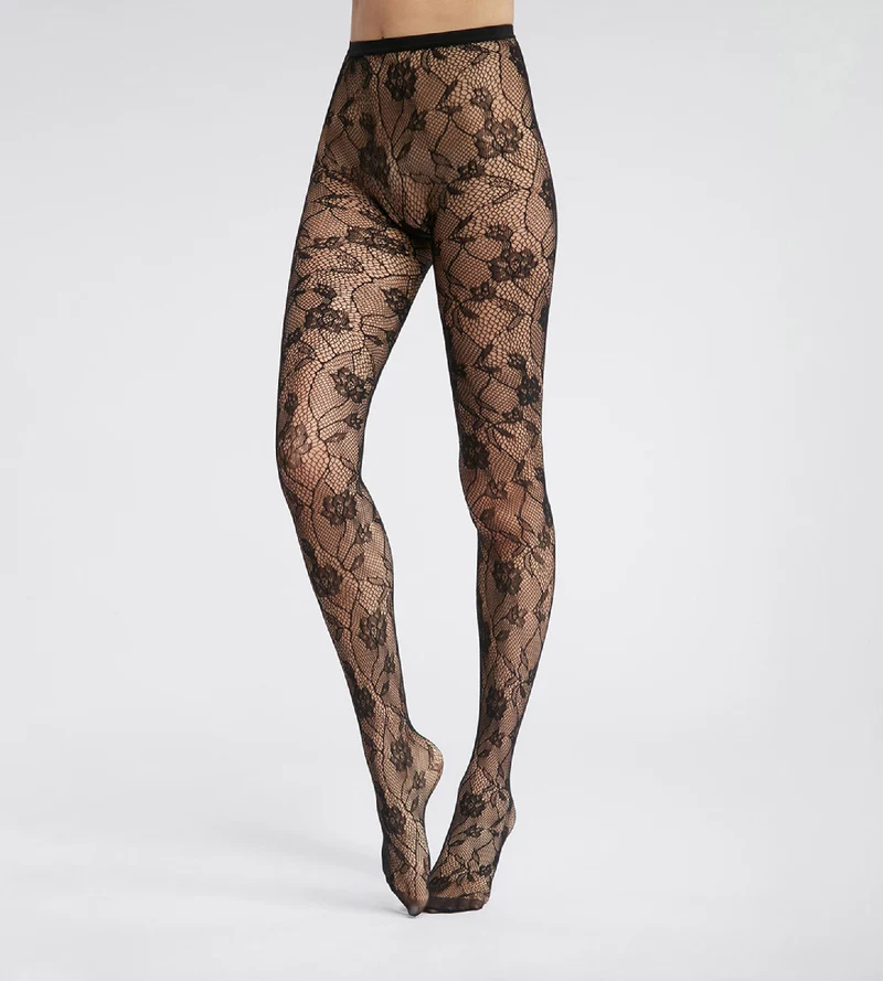 Schwarze Strumpfhose in Spitzenoptik mit Blüten - DIM Style