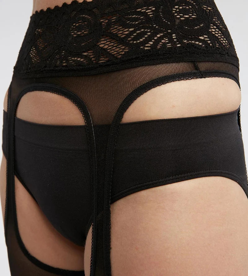 Schwarze transparente Strumpfhose mit Strapsgürtel-Effekt - DIM Sexy
