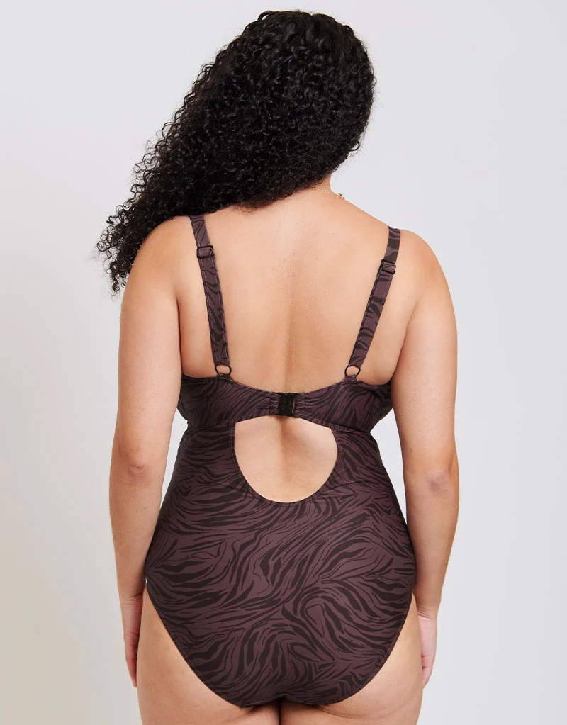 Adella Calypso Plunge Control Swimsuit Mulberry Purple Zebra Print