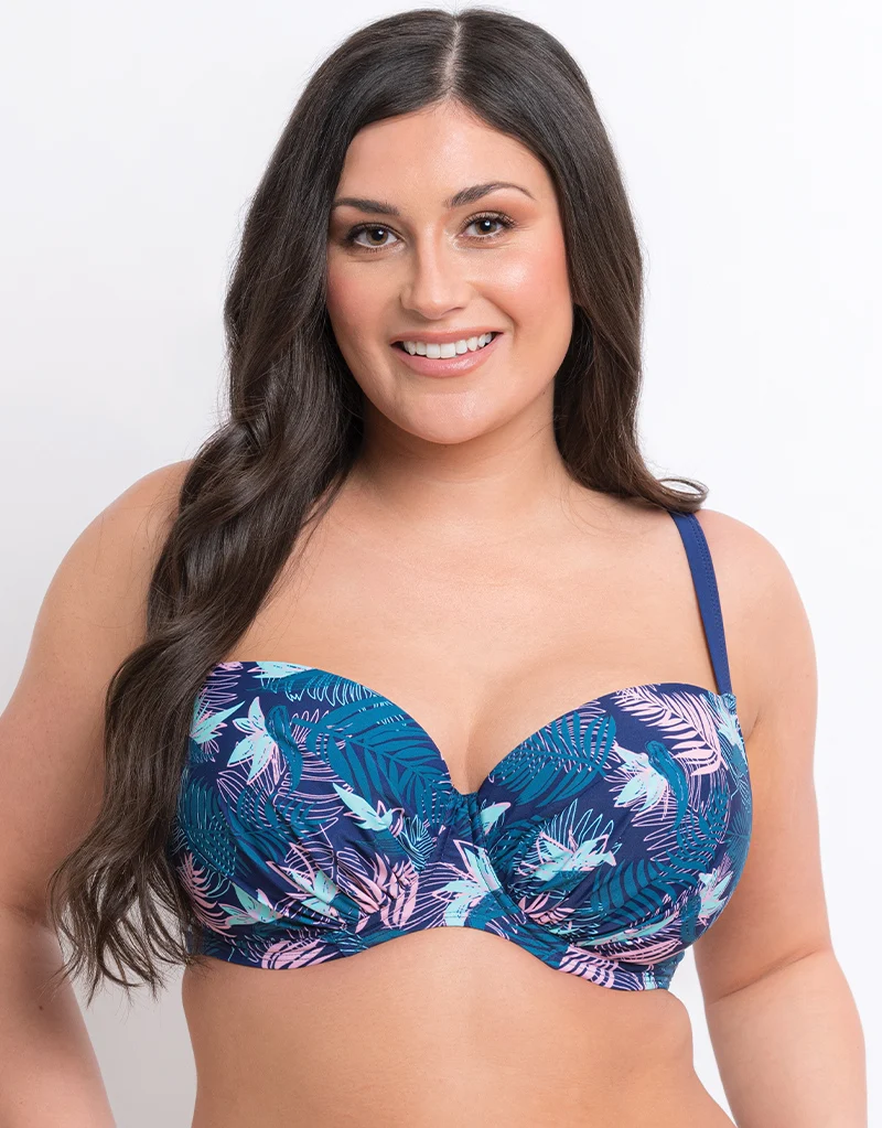 Flirtelle Palm Bay Padded Balcony Bikini Top Navy Print