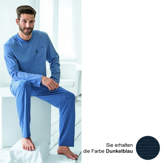 AMMANN Schlafanzug lang, V-Ausschnitt, Brusttasche, dunkelblau gestreift