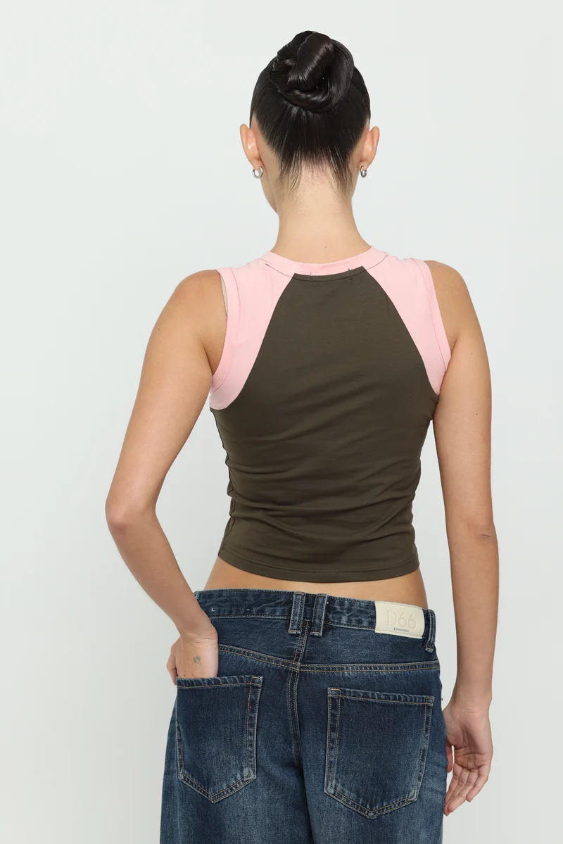 Khaki & Baby Pink Micro Tank