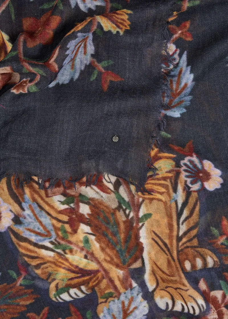 Edler Schal aus Wolle mit Leopard- und Blumen-Motiven