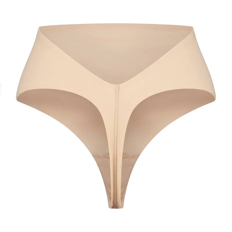 ByeBra – Shapewear mit tiefem Rückenausschnitt (leichte Stütze), String-Tanga mit niedrigem Rückenausschnitt und mittelhohem Bund, Beige