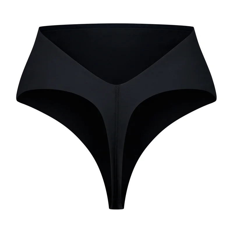 ByeBra – Shapewear mit tiefem Rückenausschnitt (leichte Stütze), schwarzer String-Tanga mit niedrigem Rückenausschnitt und mittelhohem Bund